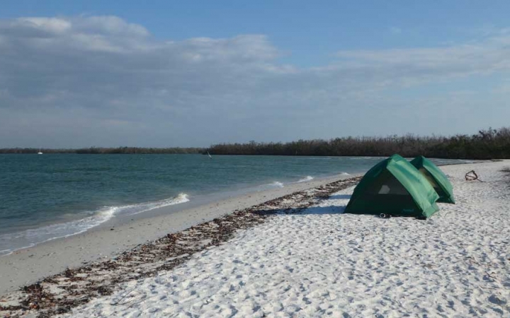 Tents rest on a sandy beach near a body of water. 